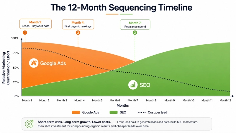 12-month timeline showing Google Ads spend tapering as SEO traffic grows for a new Kolkata business