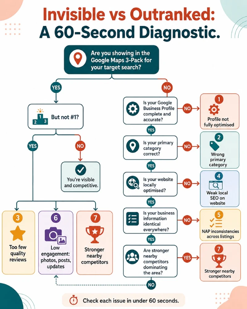 Diagnostic flowchart to identify why a Google Business Profile is not appearing in Kolkata local search