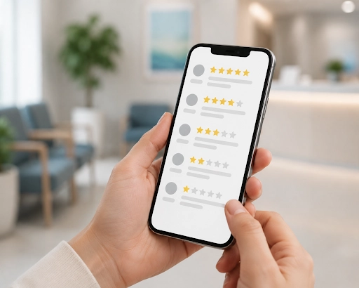 Patient reading dental clinic reviews and star ratings on a phone 