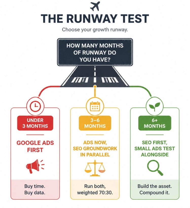 Decision flowchart showing whether a new Kolkata business should start with SEO or Google Ads based on runway