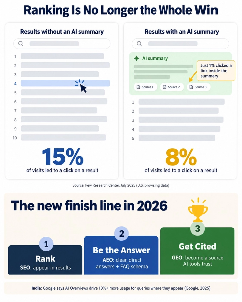 Comparison showing 15 percent click rate without AI summaries versus 8 percent with AI summaries, and the SEO, AEO and GEO steps to being cited by AI search