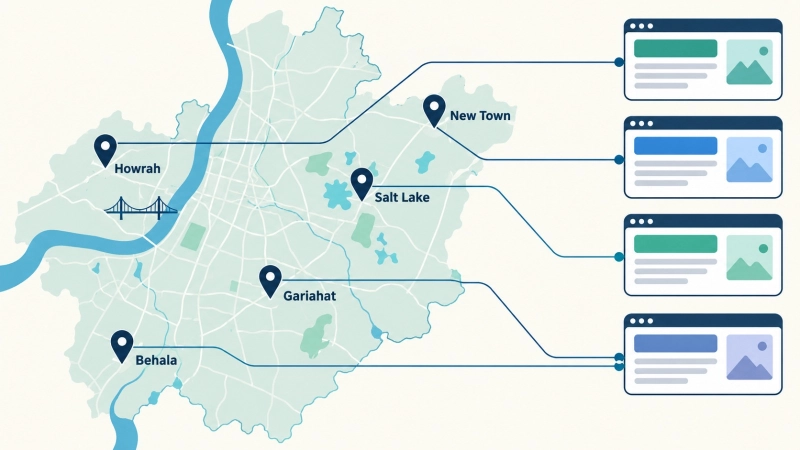 Map of Kolkata localities connected to area-specific coaching centre landing pages