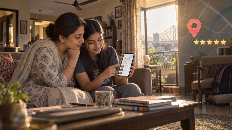 Parent and student in Kolkata searching for a coaching centre on Google Maps
