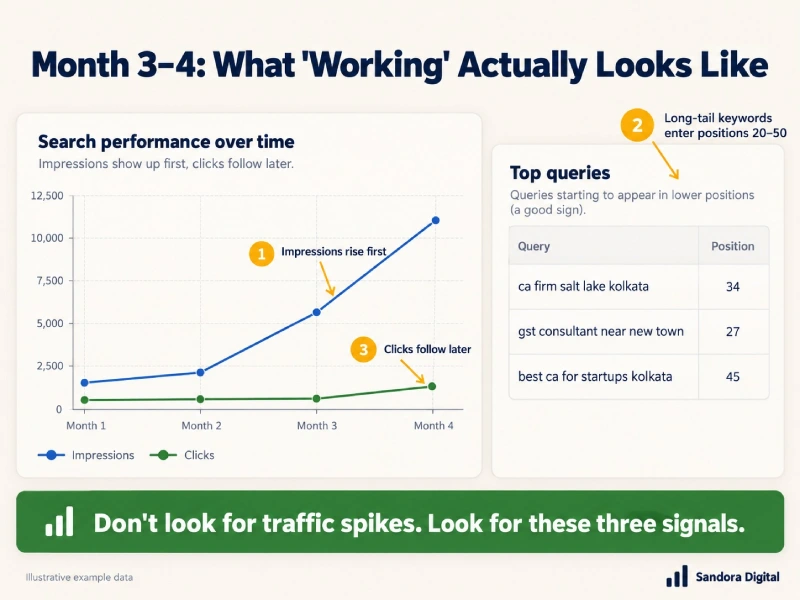 Search performance dashboard showing impressions rising before clicks and local keywords entering positions 20 to 50 in months 3 to 4 of SEO