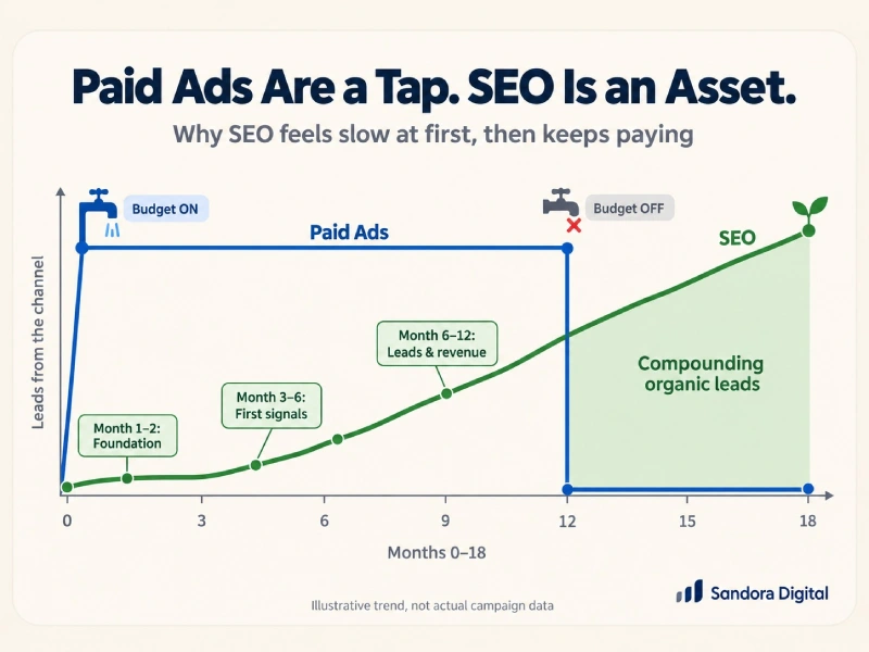 Line chart comparing paid ads traffic that stops when budget ends with SEO leads that compound over 18 months